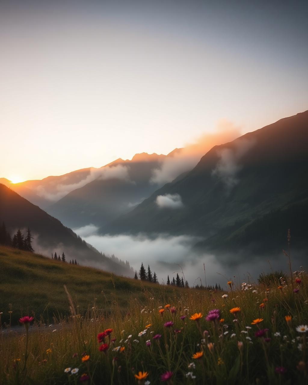 Misty mountain valley with wildflower meadow at golden hour